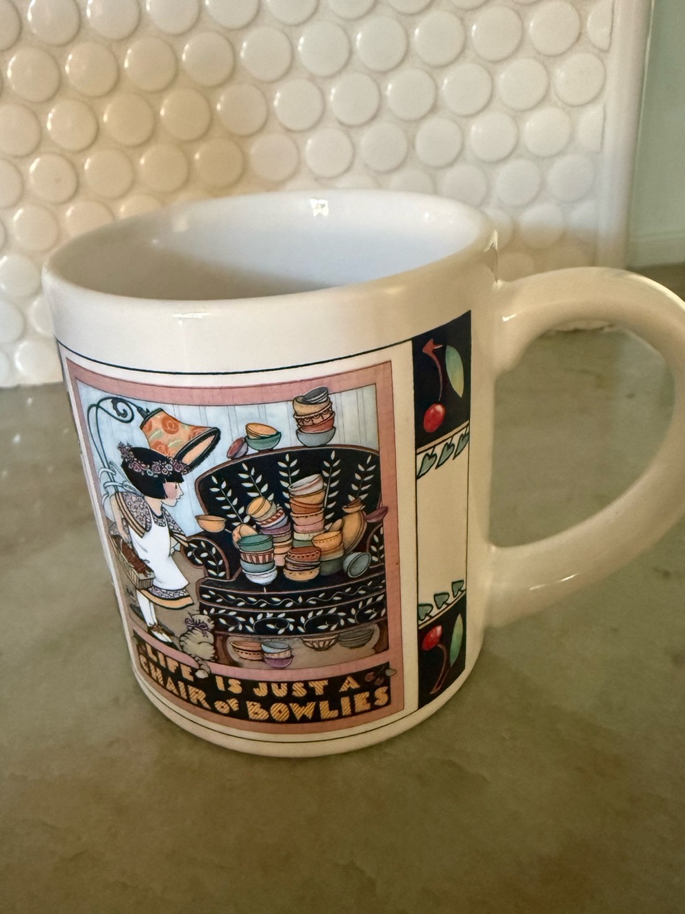 Mary Engelbreit Coffee Cup Mug "Life is Just a Chair of Bowlies" 1992 vtg